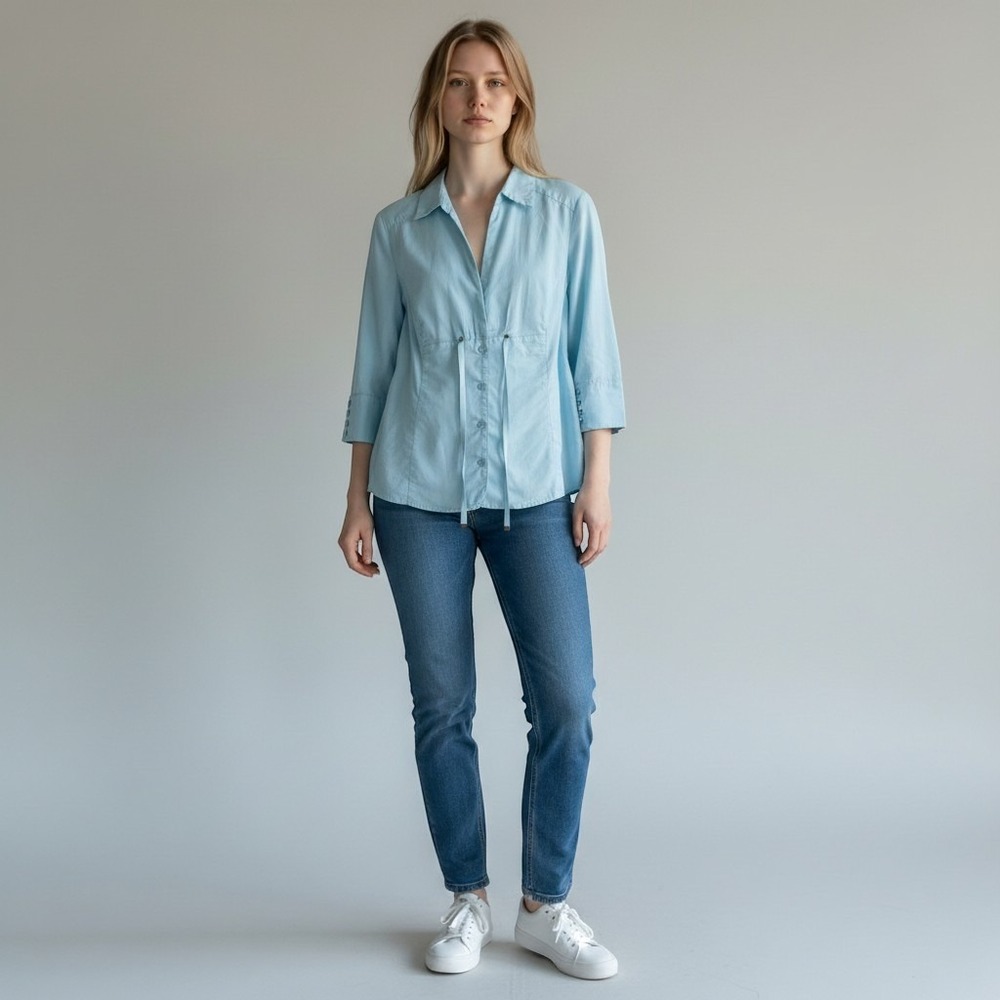 Ralph Lauren button-up blouse cinched drawstring waist 3/4 sleeve S preppy blue